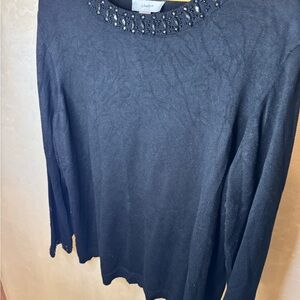CJ Banks Black Long Sleeve Top with Beaded Neckline